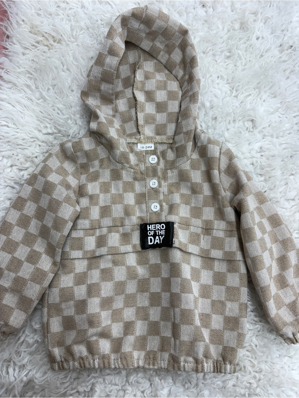 Toddler Hooded Pullover Sweatshirt in Beige Checker